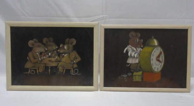 Pair Color Pencil on Board Whimsical Mouse Scenes: Pair Color Pencil on Board Whimsical Mouse Scenes. Signed Kenneth Laidback. Each professionally framed. Each measures 13.5 x 18 inches.