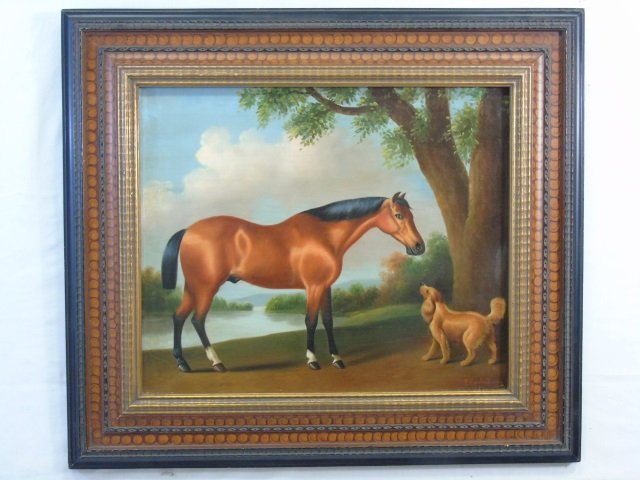 P. English - Framed Painting of a Horse & Dog: P. English - Framed Painting of a Horse & Dog. Professionally framed. Signed. Measures 29 x 33 inches.