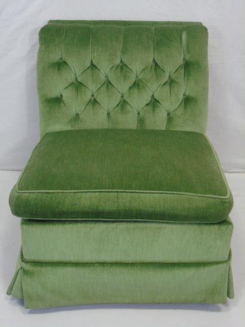 Mid Century Tufted Cotton Velvet Slipper Chair: Mid Century Tufted Cotton Velvet Slipper Chair. Measures 29 x 25 x 30 inches.