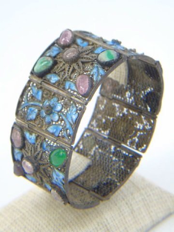 Antique Silver Filigree Enamel & Stone Bracelet (1 of 6)