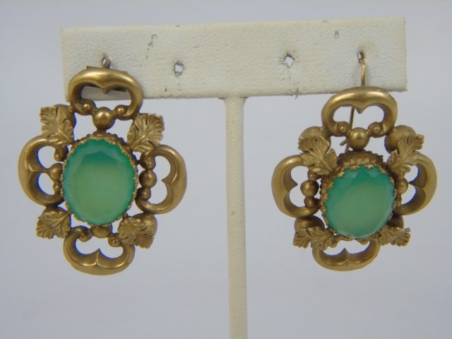 Antique Georgian / Victorian Yellow Gold Earrings: Antique Georgian / Victorian Style Yellow Gold Earrings. Low karat gold or filled. Green stones. Each measures 1.75 inches in length.