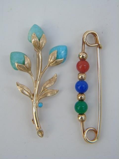 Two Figural Yellow Gold & Stone Brooch Pins (1 of 5)