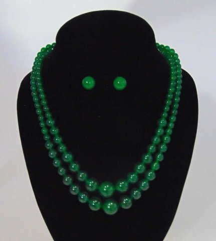 Pair Chinese Graduated Jade Bead Necklace Earrings (1 of 4)