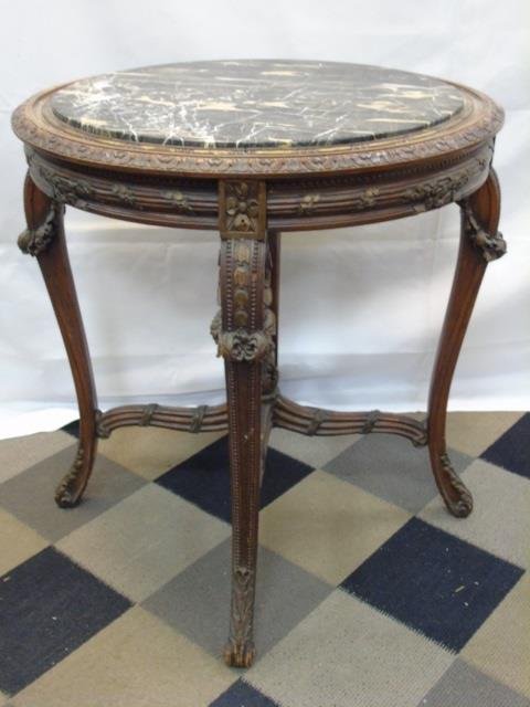Antique Carved Wood & Marble Round Center Table (1 of 5)