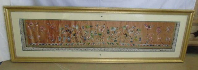 Large Framed Chinese Silk Panel of Flowers (1 of 3)