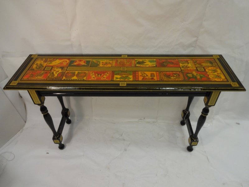Vintage Gilt Decoupage Table- Japanese Match Motif: Vintage gilt decoupage table console with packaging and advertising for antique Japanese matches. 55" W x 15" D x 29" H