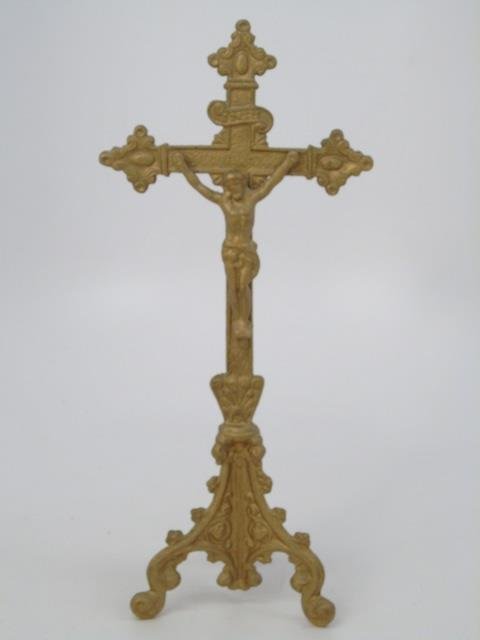Antique Gothic Cast Gilt Metal Crucifix on Stand (1 of 3)