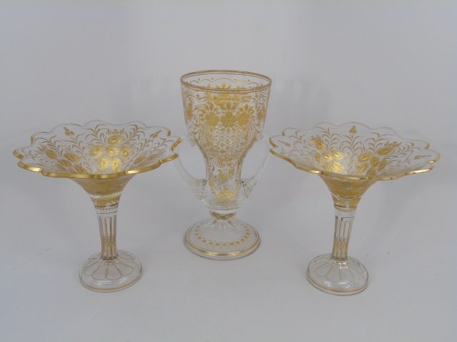 Three Antique Continental Gilt Glass Vase Compotes (1 of 8)