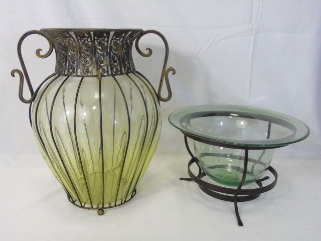 Contemporary Blown Glass Vase Bowl w Metal Mounts (1 of 6)