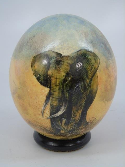 Hand Painted Elephant Motif Ostrich Egg on Stand (1 of 3)