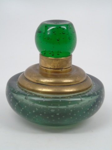 Antique Green Glass Controlled Bubbles Ink Well (1 of 2)