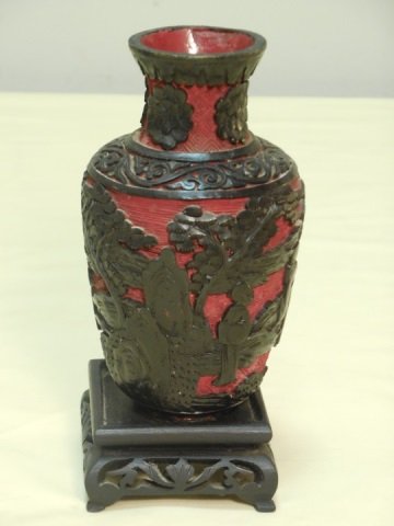 Chinese Cinnabar Vase on Carved Wood Stand (1 of 5)