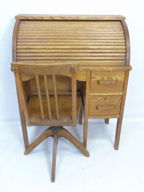 Antique Child Size Oak Roll Top Desk w/ Chair (1 of 5)