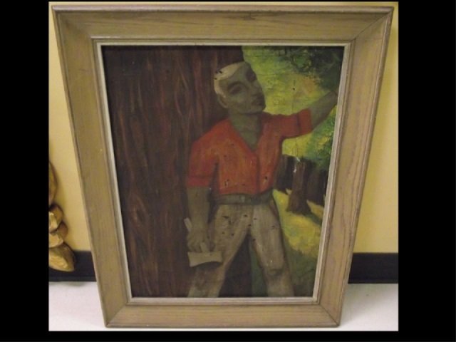 J. Bickman - WPA - Lumberjack in Forest: Portrait of lumberjack in forest, signed "J. Bickman", WPA artist. 23" H x 17" W, oil on canvas, some warping to the canvas.