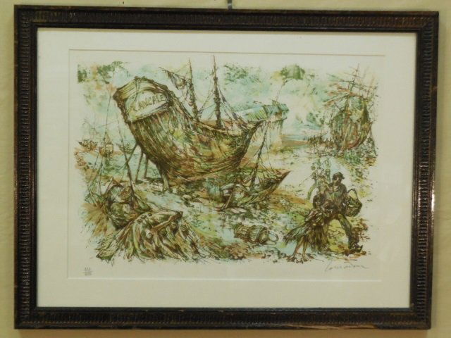 Ships in Storm Ltd. Ed. Litho Signed Louradour: Limited edition 224 / 275 lithograph depicts ships in a storm. Signed by the artist, Daniel Louradour. This has been cleaned and re-matted in 2008.13 3/4" H x 19" W.
