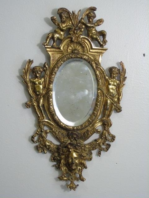 Antique Gilt Metal Small Wall Hanging Mirror (1 of 4)