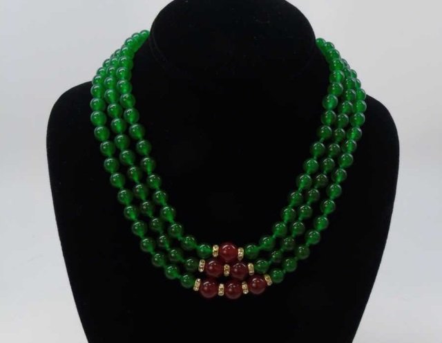 Triple Strand Carved Chinese Green Jade Necklace (1 of 3)