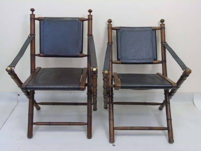 Pair Antique Carved Wood & Leather Campaign Chairs (1 of 6)