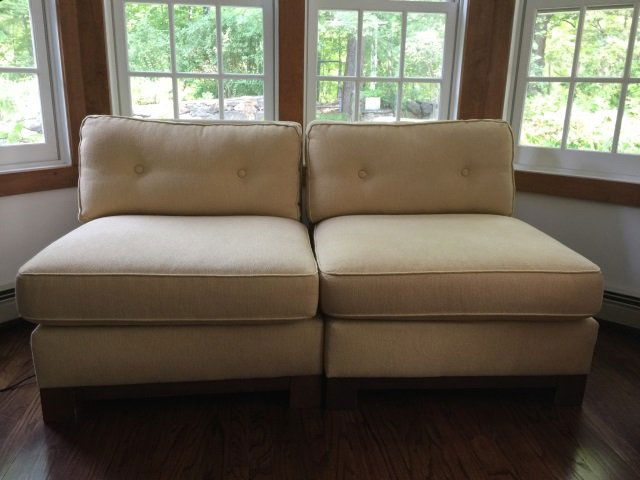 Pair Contemporary Martha Stewart Slipper Chairs: Pair Contemporary Martha Stewart Slipper Chairs. Upholstered. Tufted backs. Wood bases.