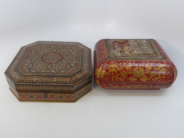 2 Antique Boxes - Persian Inlay & Chinese Lacquer (1 of 5)