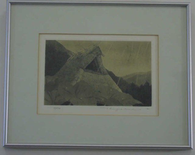 Signed Japanese Wood Block Print Rainy Scene (1 of 5)