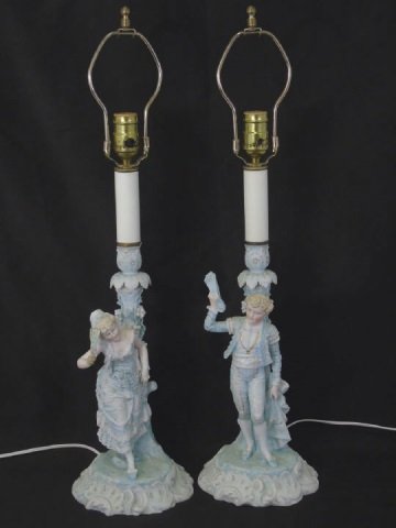 Pair Antique Bisque Figurine Lamps 18th C Couple (1 of 5)