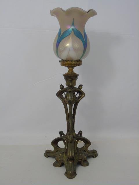 Antique Art Nouveau Table Lamp w Quezal Shade (1 of 5)