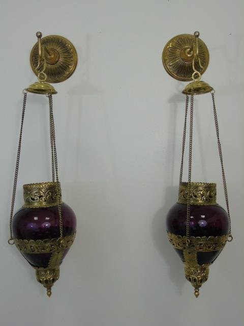 Pair Glass & Gilt Metal Wall Hanging Fairy Lamps: Pair Glass & Gilt Metal Wall Hanging Fairy Lamps. To hold candles or incense. Each hangs approximately 23 inches.