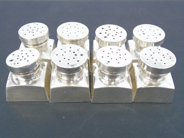Set of Eight Sterling Silver Salt & Pepper Shakers: Set of Eight Sterling Silver Salt & Pepper Shakers. Marked George Washington, Sterling, one says Black Starr Gorham. Each measures 1.5 inches in height, total weight approximately 11.6 standard ounces