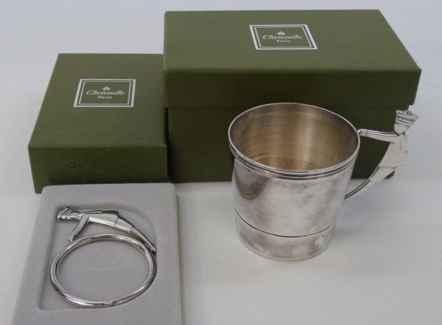 Christofle Silver Items - Baby Cup & Teething Ring: Christofle Silver Items - Baby Cup & Teething Ring. In boxes. Measures 2.75 inches.