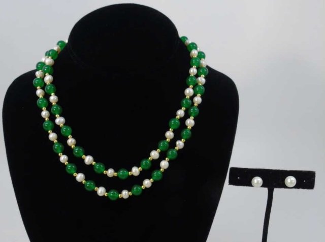 Pair Cultured Pearl Jade & Gold Necklaces w Studs (1 of 8)