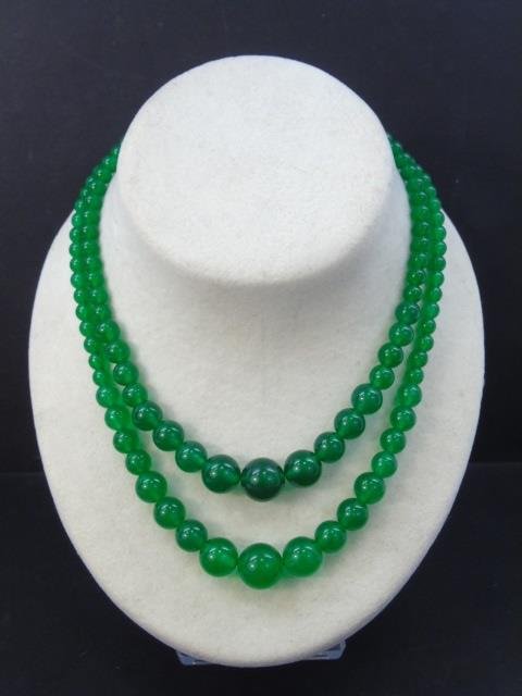 Pair Chinese Green Jade Beaded Necklace Strands (1 of 3)