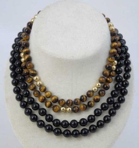 Estate 14kt Gold Onyx & Cats Eye Beaded Necklaces (1 of 5)