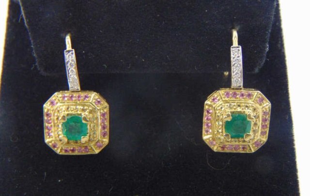 Estate 18kt Yellow Gold Emerald & Diamond Earrings (1 of 7)