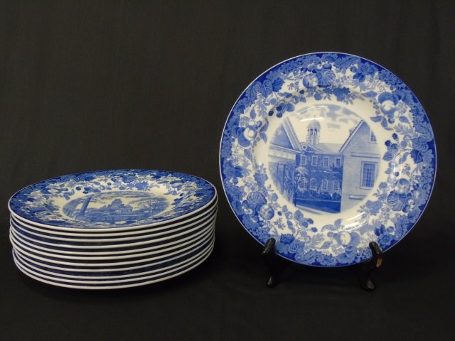 12 Antique Harvard University Porcelain Plates: Set of 12 Antique Harvard University Porcelain Plates. Each with different scenes of Harvard buildings in blue and white transferware. Each measures 10.25 inches in diameter.