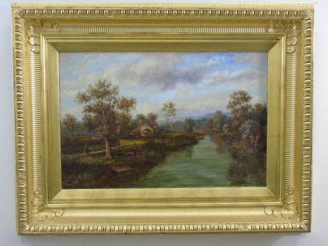 Antique Continental Oil Painting - Farm on River (1 of 7)