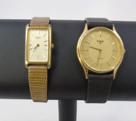 2 Watches Seiko and Pulsar on Leather Bands: 2 Watches Seiko and Pulsar on Leather Bands. Property of a North Salem, NY equestrian estate.