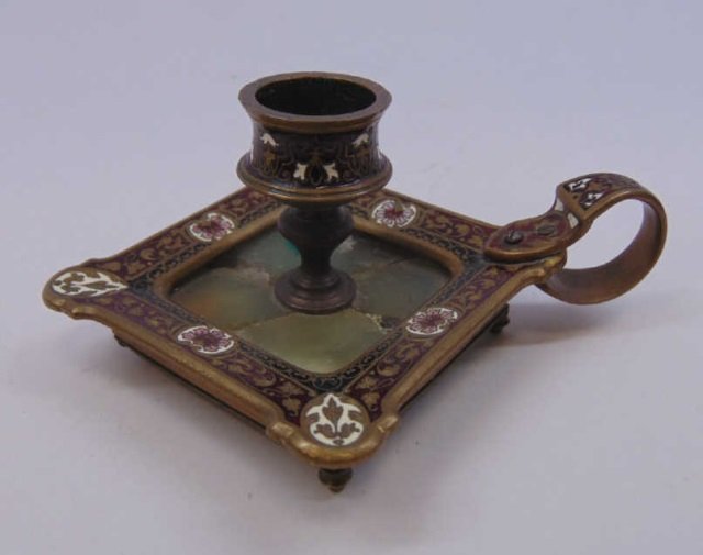 Antique Green Onyx Enamel on Bronze Candlestick (1 of 5)