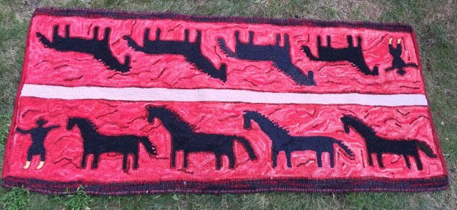 Antique American Hand Made Hooked Rug w Horses (1 of 6)