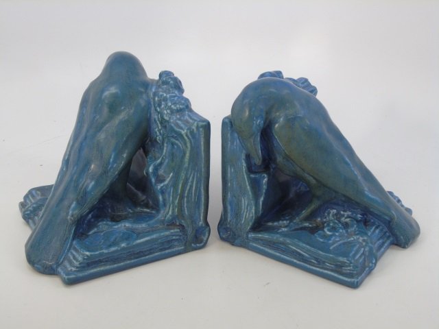 Pair Antique Art Pottery Rookwood Bookends w Birds (1 of 4)