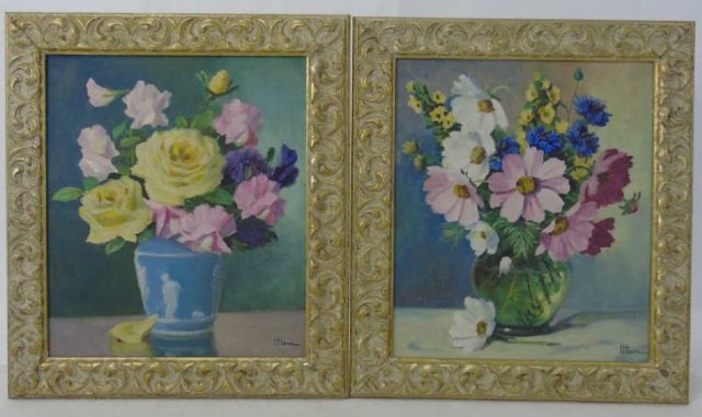 H Howe Pair Floral Still Life Paintings on Canvas (1 of 6)