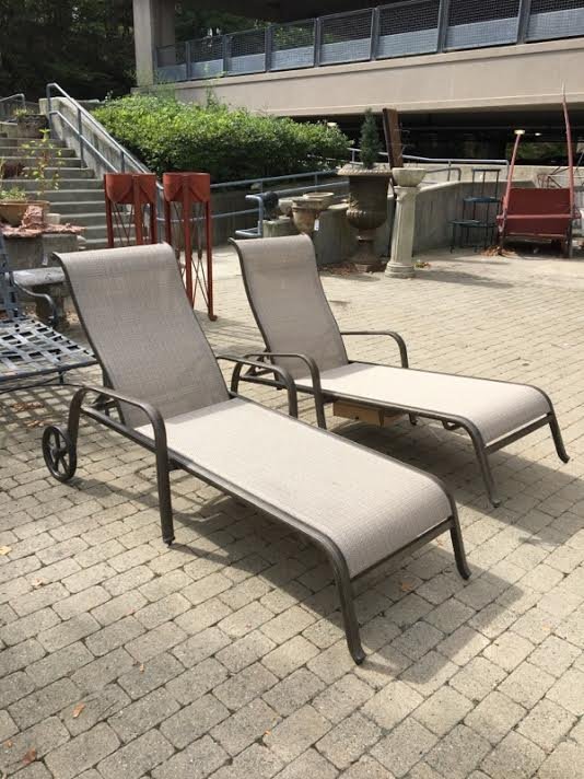 Pair Contemporary Patio / Pool Lounge Chairs: Pair Contemporary Patio / Pool Lounge Chairs. Like new, wheels still in box for one chair. Metal framed. Each measures 43 x 29 x 70 inches as shown, backs are adjustable.