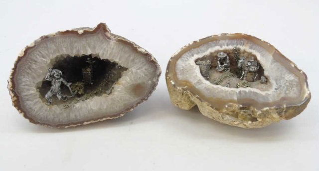Pair Quartz Crystal Geodes w/ Mining Figures Inset (1 of 7)