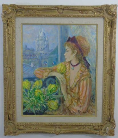 Oil on Canvas Young Lady Gazing at Sacre Couer: Oil on Canvas Young Lady Gazing at Sacre Couer, Signed Jacques LaLande. Called "Les Tulipes Jaune", or Yellow Tulips.