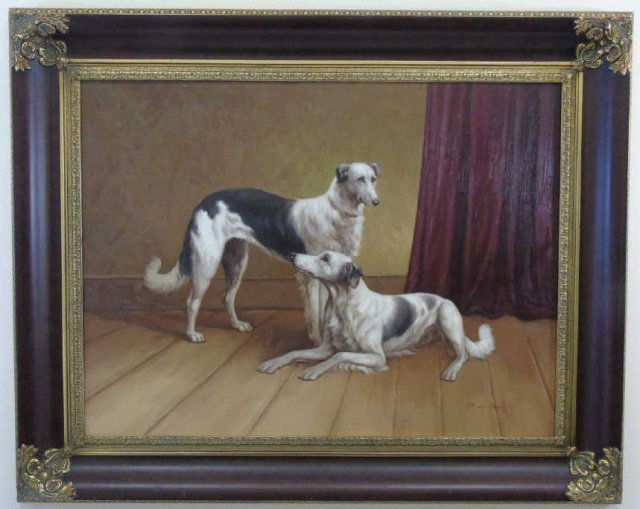 Painting in Elaborate Frame of Pair of Borzoi Dogs (1 of 5)
