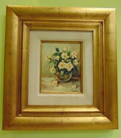 Julia - Framed Painting of White Roses: Julia - Framed Painting of White Roses. Measures 23.5 x 21.5 inches.