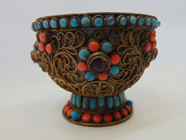 Antique Eastern Filigree & Cabochon Stone Chalice: Antique Eastern Filigree & Cabochon Stone Chalice. Having coral and turquoise color stones. Measures 2.25 x 3 inches.
