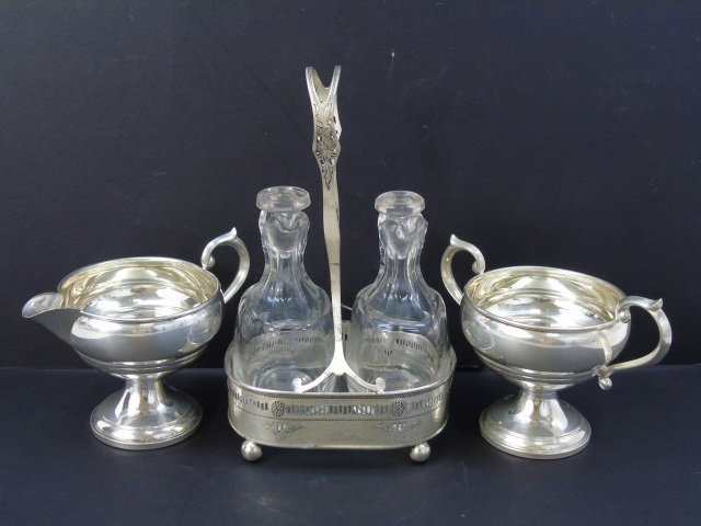 Antique Sterling Silver - Sugar, Creamer & Cruet: Antique Sterling Silver - Sugar, Creamer & Cruet. Cruet with two cut glass bottles. Cruet measures 7.25 inches in height.