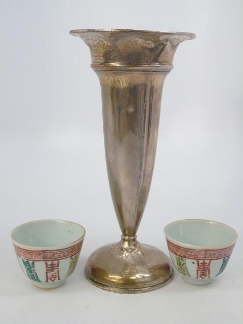 Pair Chinese Porcelain Cups & Sterling Silver Vase: Pair Chinese Porcelain Cups & Sterling Silver Vase. Vase measures 9 inches in height.