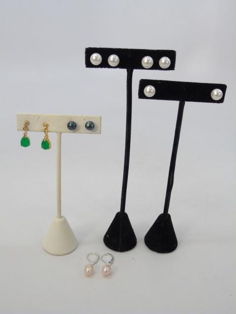 Jade, Cultured White & Black Pearl Earrings: Assorted Jade, Cultured White & Black Pearl Earrings. Round cultured white pearls, baroque cultured white pearls, baroque cultured Tahitian black pearls, jade.